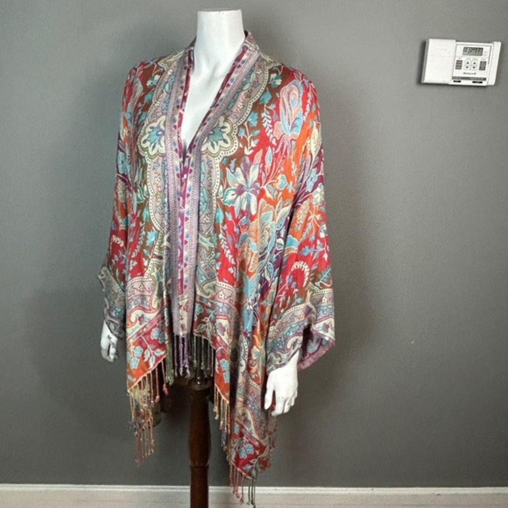 Colorful Kimono Large Fringe India Paisley Boho‎ Rainbow Lagenlook Cardigan BOK